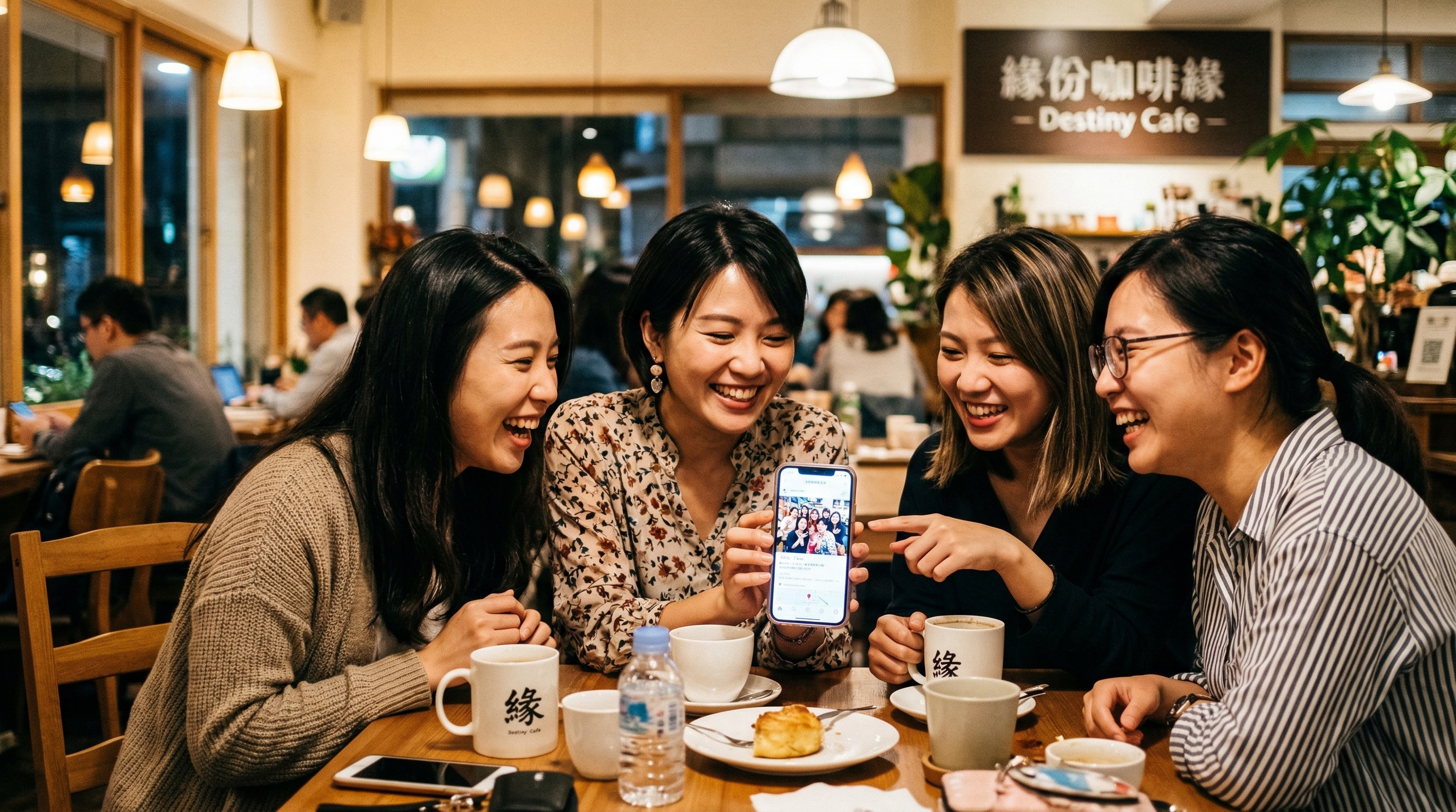 朋友們開心地分享手機畫面