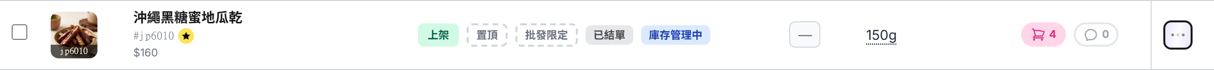 商品總覽表格的一列：勾選框、縮圖、品名與貨號、狀態徽章、結單日、規格、訂單與留言數、⋯ 選單