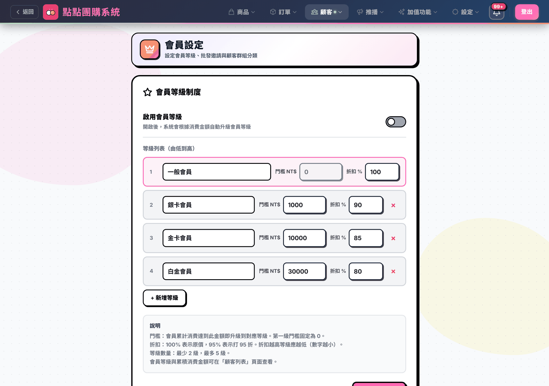 會員設定頁：會員等級與門檻設定